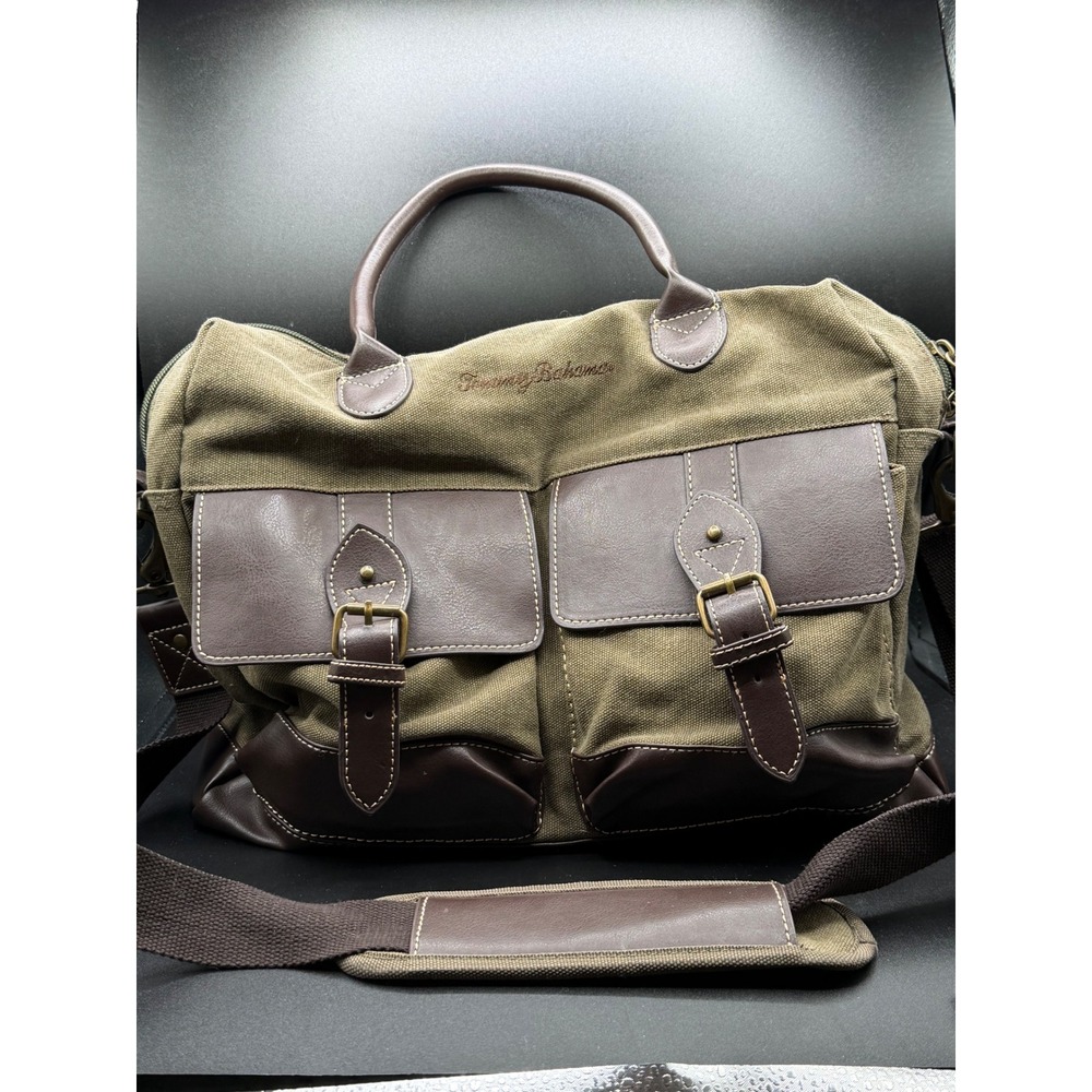 Tommy Bahama Messenger Bag OliveGreen Canvas Brown Faux Leather Laptop Briefcase